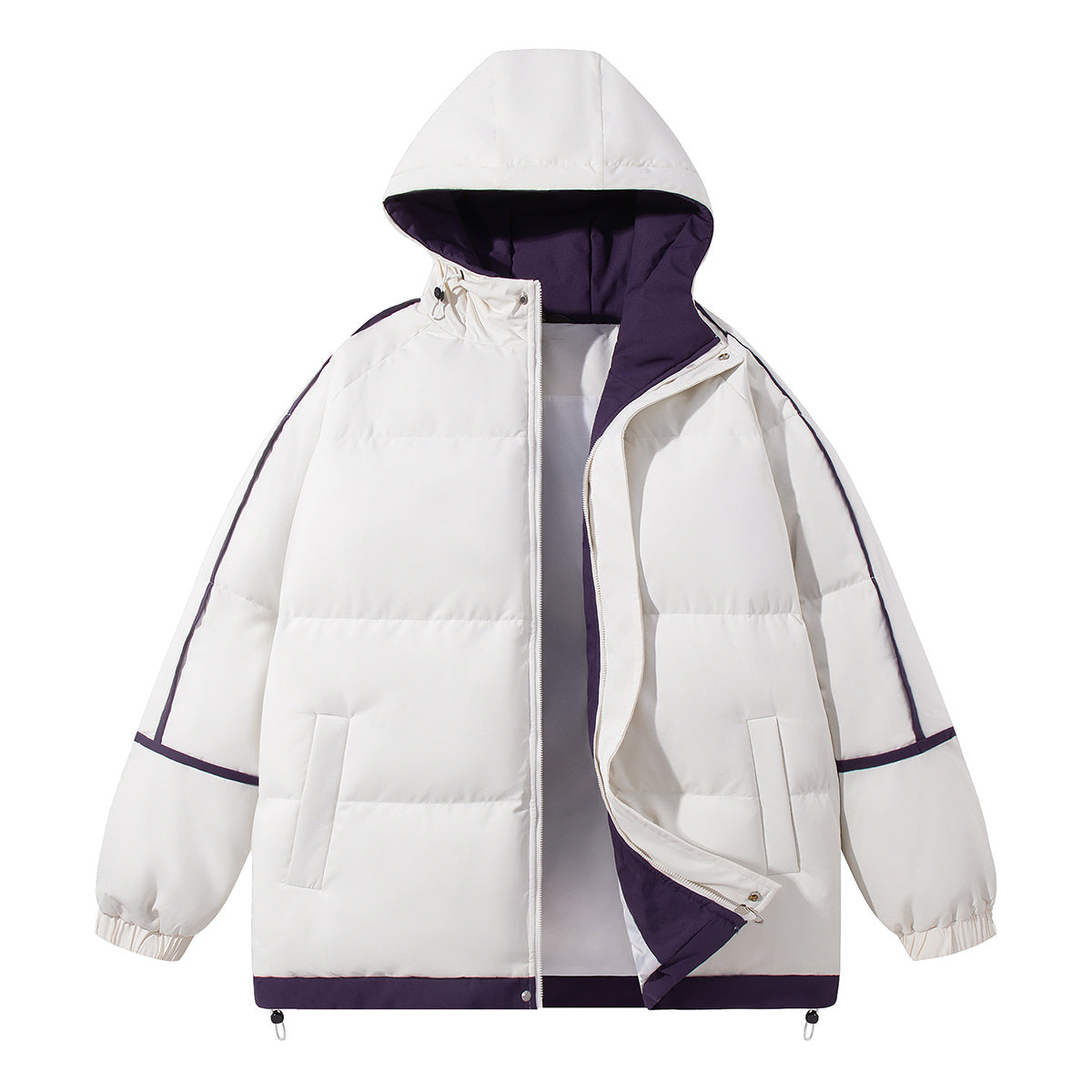 Contrast Striped/Tape Quilted Jacket with Pullover Hood UNISEX