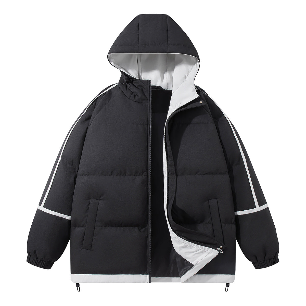 Contrast Striped/Tape Quilted Jacket with Pullover Hood UNISEX