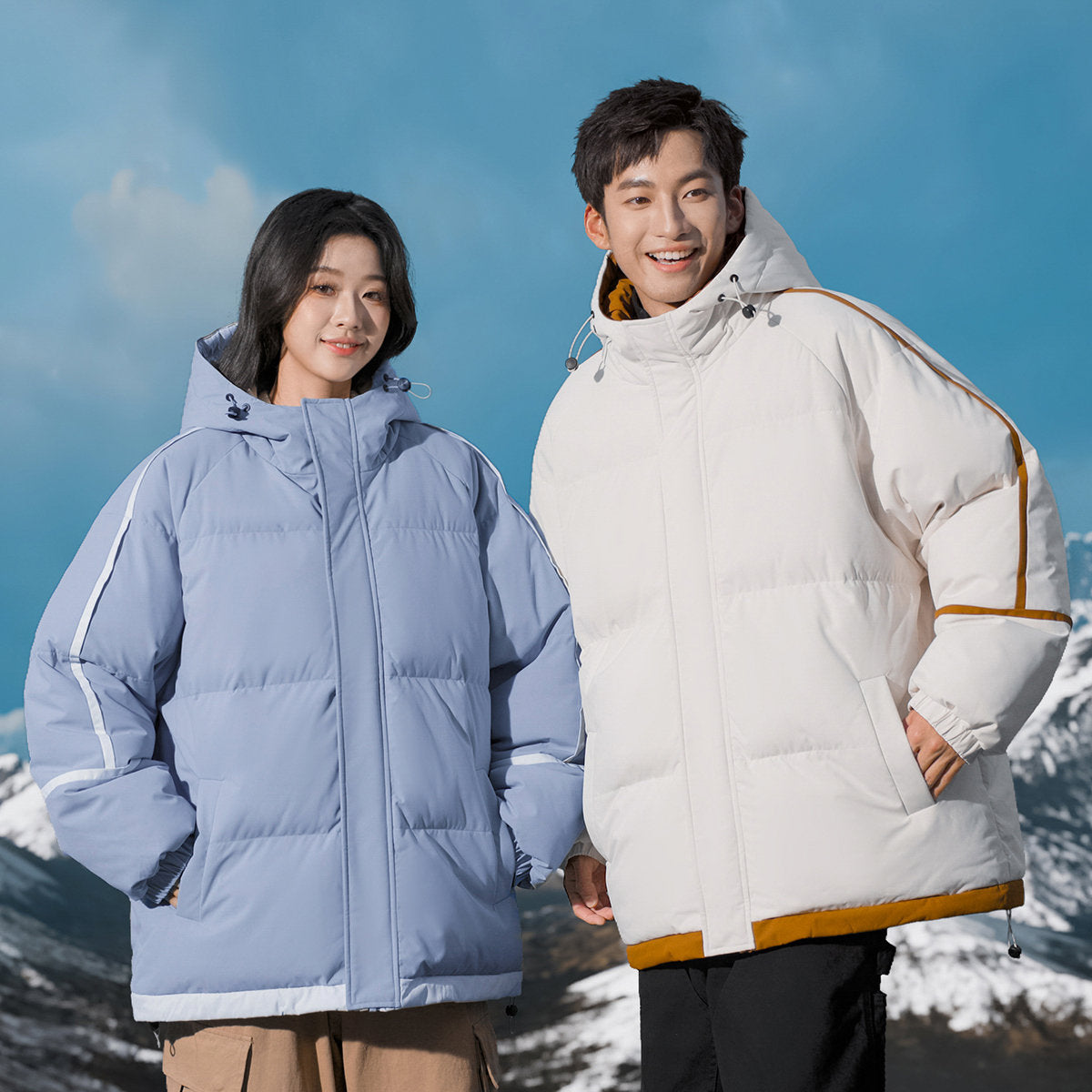 Contrast Striped/Tape Quilted Jacket with Pullover Hood UNISEX