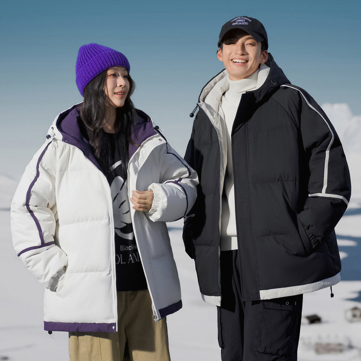 Contrast Striped/Tape Quilted Jacket with Pullover Hood UNISEX