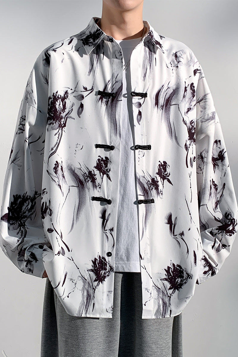 Men's Oriental Chinese Ink Painting Pattern Stand Shirt Blouse