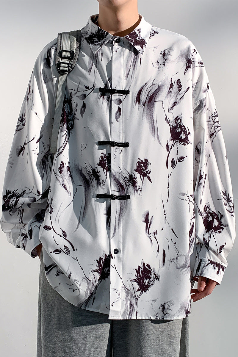 Men's Oriental Chinese Ink Painting Pattern Stand Shirt Blouse