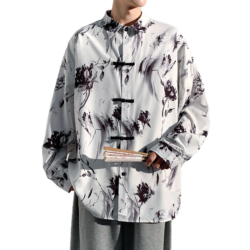 Men's Oriental Chinese Ink Painting Pattern Stand Shirt Blouse