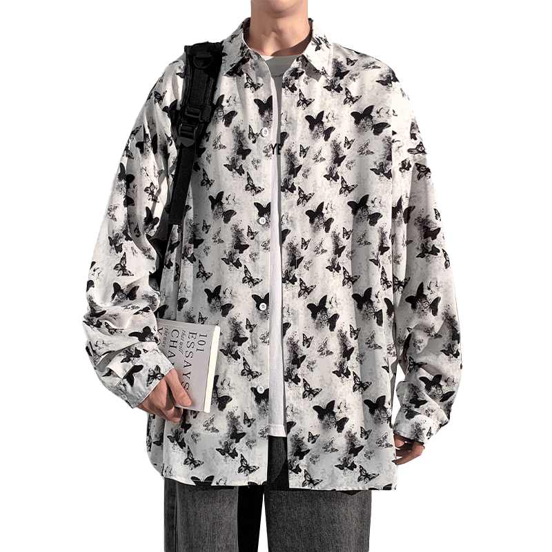 Men's Oriental Chinese Ink Painting Pattern Butterly Shirt